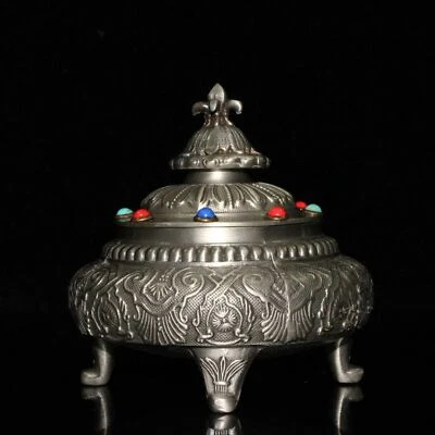 4.3" Exquisita China Antigua Bronce Plateado Gema Caja Incrustación Foto 1 de 4