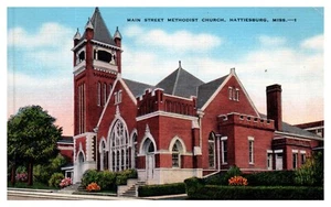 Hattiesburg, MS - Main Street Methodist Church Linen Postcard Posted 1945 - Picture 1 of 2
