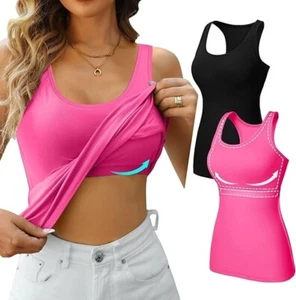2pcs Women Tank Tops Shelf Bra Workout Yoga Vest Racerback Cotton Undershirt S - Picture 1 of 7