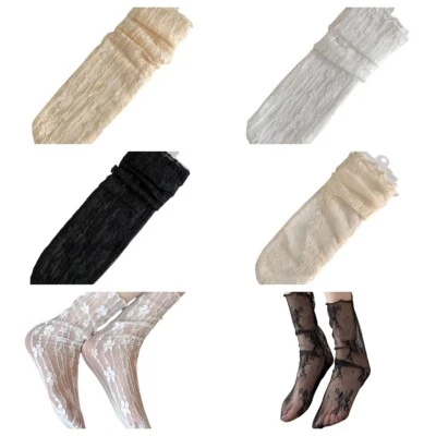 Women Lace Hollow Mesh Mid Calf Tube Socks Stretch Thin Breathable Socks 3 Pairs - Image 1 of 4