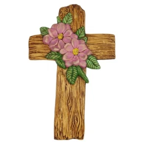 Cruz de pared grande de cerámica pintada a mano con flores de madera de perro flores rosas - Imagen 1 de 12