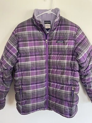 Chaqueta de plumón Patagonia abrigo acolchado púrpura a cuadros esquí nieve niña talla 14 XL Foto 1 de 4