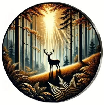 Rustic Forest Deer - 8" Round Metal Sign - NEW - Image 1 of 4