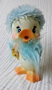 Vintage 1950s - 60s Blue Fur Rubber Duck Easter Decor Holding Flowers Japan 5" - Picture 1 of 6