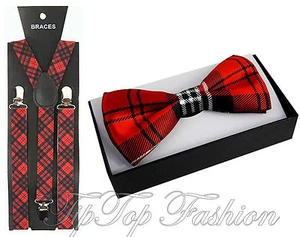 New Tartan Braces + Bow Tie Bowtie Dickie Bow Scottish Fancy Dress 70s Punk Nerd - Picture 1 of 1