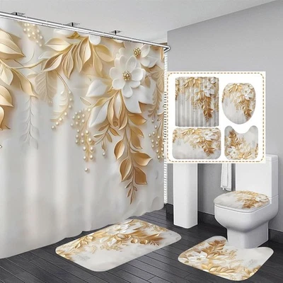 Juegos de 4 cortinas de ducha hojas doradas flores blancas florales accesorios de baño Foto 1 de 4