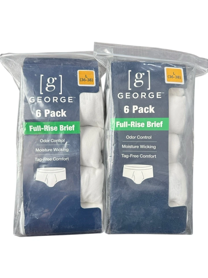 Men’s George 6 Pack White Full Rise Briefs Size L (36-38)