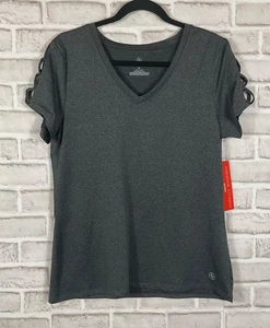 Adrienne Vittadini Top Womens Sz M Gray Sport Pullover Short Cut Out Sleeves NWT - Picture 1 of 5
