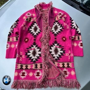 Pink and black Aztec print cardigan with fringe - Picture 1 of 6