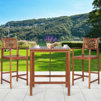 3PCS Patio Acacia Wood Bar Table & Stool Set Outdoor Dining Bistro Set - Image 1 of 4
