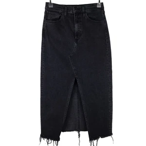 3x1 Denim Midi Skirt Front Slit Frayed Raw Hem High Rise Pockets Black Size 25 - Picture 1 of 10