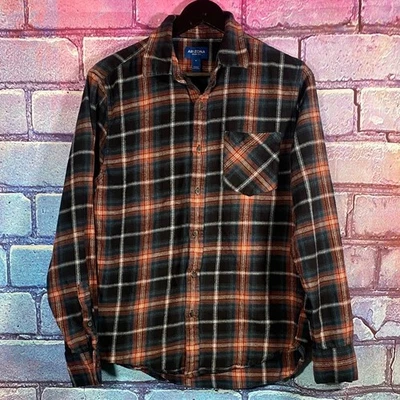 Camisa de franela a cuadros para hombre Arizona Jean Co mediana negra naranja algodón abotonada Foto 1 de 4