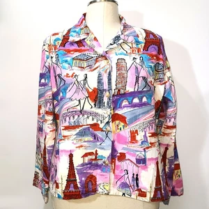 KEREN HART Jacke elfenbein rosa lila rot blau Perlen 3/4 Arm Grafikdruck XL - Bild 1 von 6