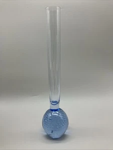 Vintage Bud Vase Delicate Clear Blue Glass Round Base W/Bullicante Bubbles Exc - Picture 1 of 3