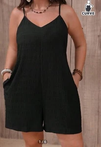 Women Plus Size Side Pockets Texture Strappy Summer Black Romper Size 0XL NEW - Picture 1 of 4