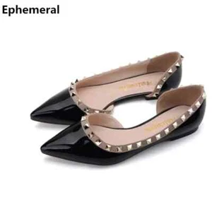 Ballet No Heel Shiny Leather Matte Plus Size Wide Foot Shoes Rivet Flats - Picture 1 of 27