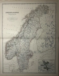 1881 Sweden & Norway Large Hand Coloured Original Antique Map by Johnston - Picture 1 of 3