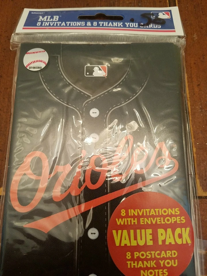 NEW MLB BALTIMORE ORIOLES BASEBALL BIRTHDAY PARTY INVITATIONS & THANK YOU NOTE - Image 1 of 4