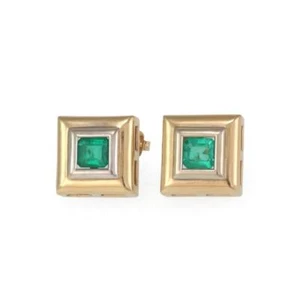 14k Two Tone Gold 1.25ct Emerald Square Stud Earrings - Picture 1 of 4