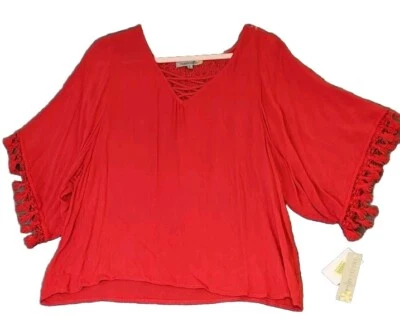 Blusa túnica Figueroa y flores talla XL 3/4 kimono mangas borla encaje espalda roja nueva con etiquetas Foto 1 de 4
