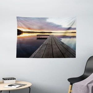 Wooden Tapestry Rustic Pier Sunset Lake Print Wall Hanging Decor 60Wx40L Inches - Picture 1 of 1
