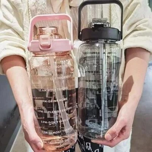 2L Portable Water Bottle Large Capacity Plastic Straw Water Cup With Time Marker - Picture 1 of 8