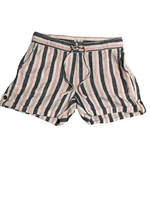 Pantalones Cortos Per Se Medianos Lino Azul Blanco Rojo Rayas Cordón Cintura Bolsillo Foto 1 de 4