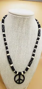 Black and White 20" Wood & Plastic Beaded necklace with 1.25" Peace Sign Pendant - Picture 1 of 7