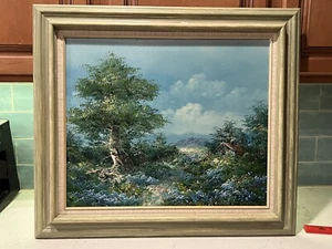 Signed DERRICK? Vintage Mountains Trees Cottage Flowers Oil Painting 30x27 24x20 - Picture 1 of 19