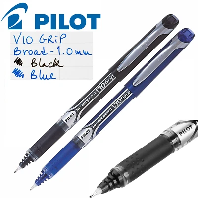 Pilot V10 Grip Hi-Tecpoint Rollerball Pen Liquid Ink Broad Tip Black Blue Ink