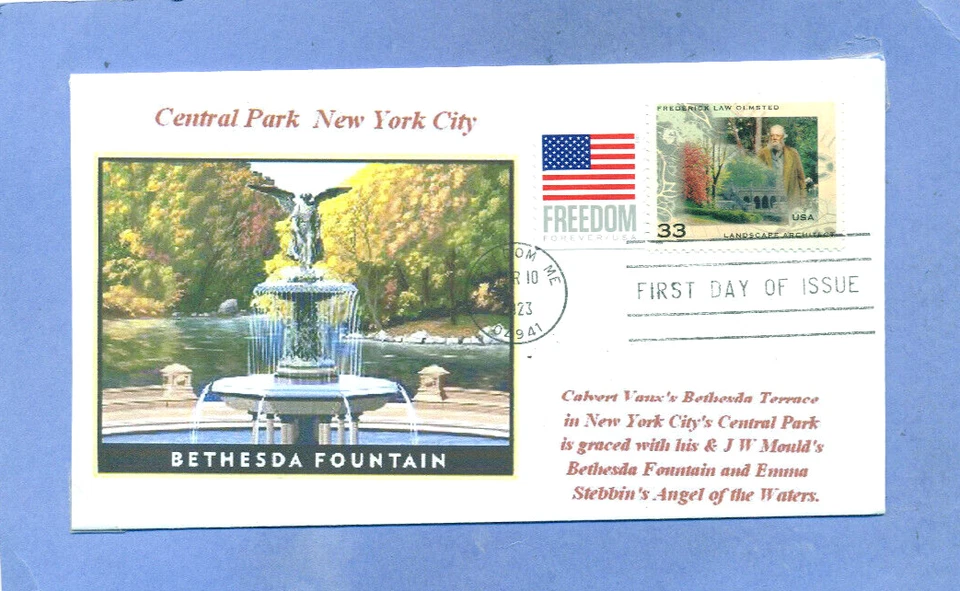 BETHESDA FOUNTAIN CENTRAL PARK New York City Color Cachet Flag First Day + 3338 - Image 1 of 1