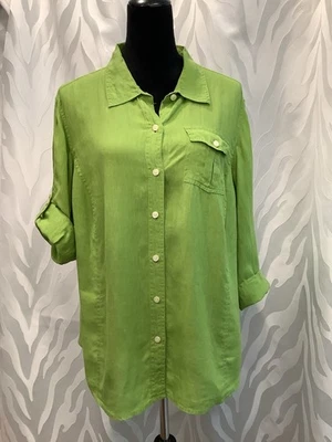 TALBOTS женщин зеленый чисто ирландский льняной на пуговицах рулон вкладка рукава (1 X) - Изображение 1 из 4