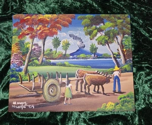 Original Volkskunst (Nicaraguan?) Gemälde signiert. 2 Ochsen, Wagen, Vulkan - Bild 1 von 4