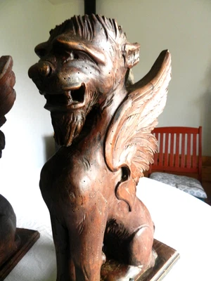 Bois sculpté ancien Bretagne 2 Griffons sculpture Moyen-Age médiéval - Photo 1/4