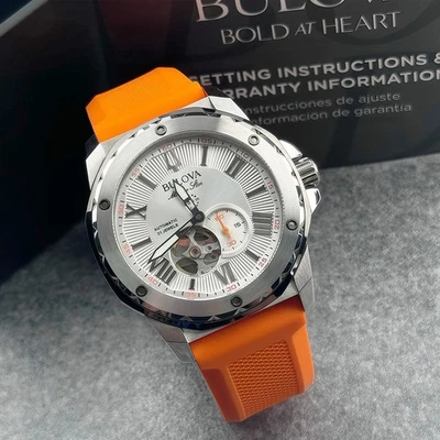 Bulova Marine Star 98A226 Men's Automatic Watch White Dial Orange Rubber Strap - Image 1 of 4