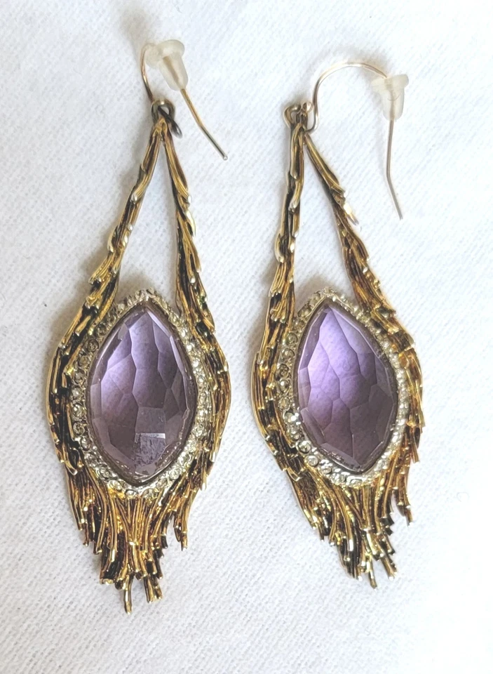 BRINCOS DE GOTA DE HALO DE CRISTAL ROXO ALEXIS BITTAR OURO 18K PLT DESIGN DE PENAS 2,5" - Imagem 1 de 4