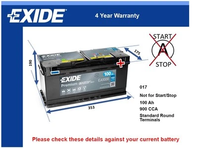 Battery fits BMW 335D 325D 535D 330D 525D X5 650 525 630 635D Exide 017 - Image 1 of 3