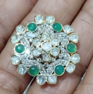 Rose Schnitt Polki Diamantring, 925 Silber Smaragd Edelstein Blume Ring Jubiläum - Bild 1 von 4