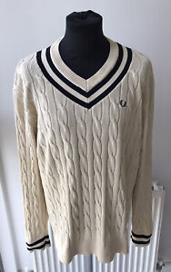 Fred Perry Mens Cable Knit V-Neck Cricket Jumper Cream Black Size 2XL