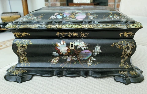 Antique 19th Century English Victorian Mache Lacquer Fitted Sewing Box Cover