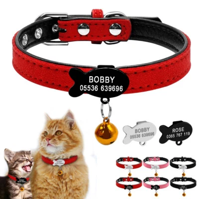 DIDOG Soft Suede Leather Personalized Cat Kitten Collars with Bell Free Engraved Name