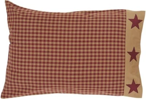 Juego de funda de almohada de algodón a cuadros de borgoña estilo rural con dobladillo aplicado estrella de nueve parches - Imagen 1 de 3
