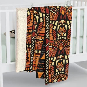 African Inspired Pattern, Cozy Sherpa Fleece Blanket, Ethnic Tribal Couch Throw - Picture 1 of 9
