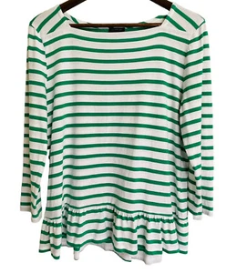 Talbots Shirt Womens Large Ruffled Hem 3/4 Sleeves Pima Cotton Green Striped - Picture 1 of 10