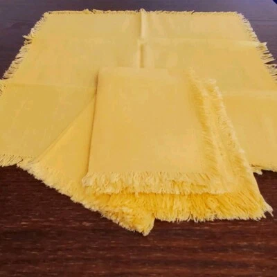 Vintage Set Of 4 Linen Hand Stitched w/ Fringe Yellow Tablecloth Napkins NWOT - Image 1 of 4