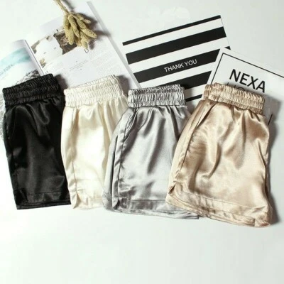 Women Satin Short Pants Faux Silk Pajamas Homewear Beach Shorts with Pockets - Image 1 of 4