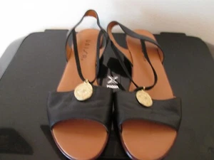 BLACK SANDALS LEATHER SIZE 5.5 B BY UNIISA WITH GOLD COIN DECORATION - Picture 1 of 5