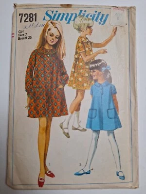 Tent Dress Girls 7 Simplicity 7281 Sewing Pattern Cut VTG A Line Pockets Short - Image 1 of 4