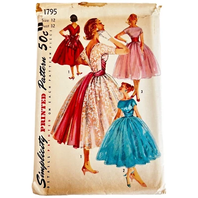 1956 Simplicity Pattern 1795 Formal Dress Party Gown Size 12 Cocktail Uncut VTG - Image 1 of 4