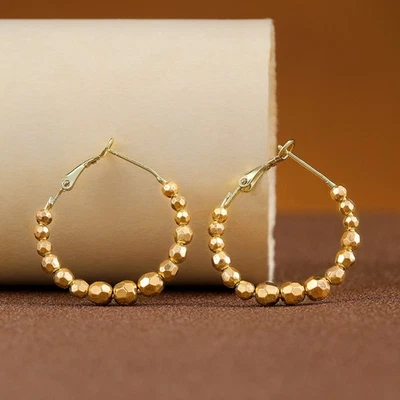 Women's Golden Bead Hoop Drop Dangle Earrings Fashion Alloy Ear Hoops - Image 1 of 4